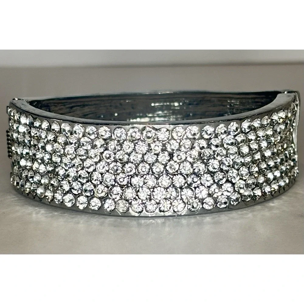 Vintage Silvertone Crystal Wide Hinged Bangle Bracelet